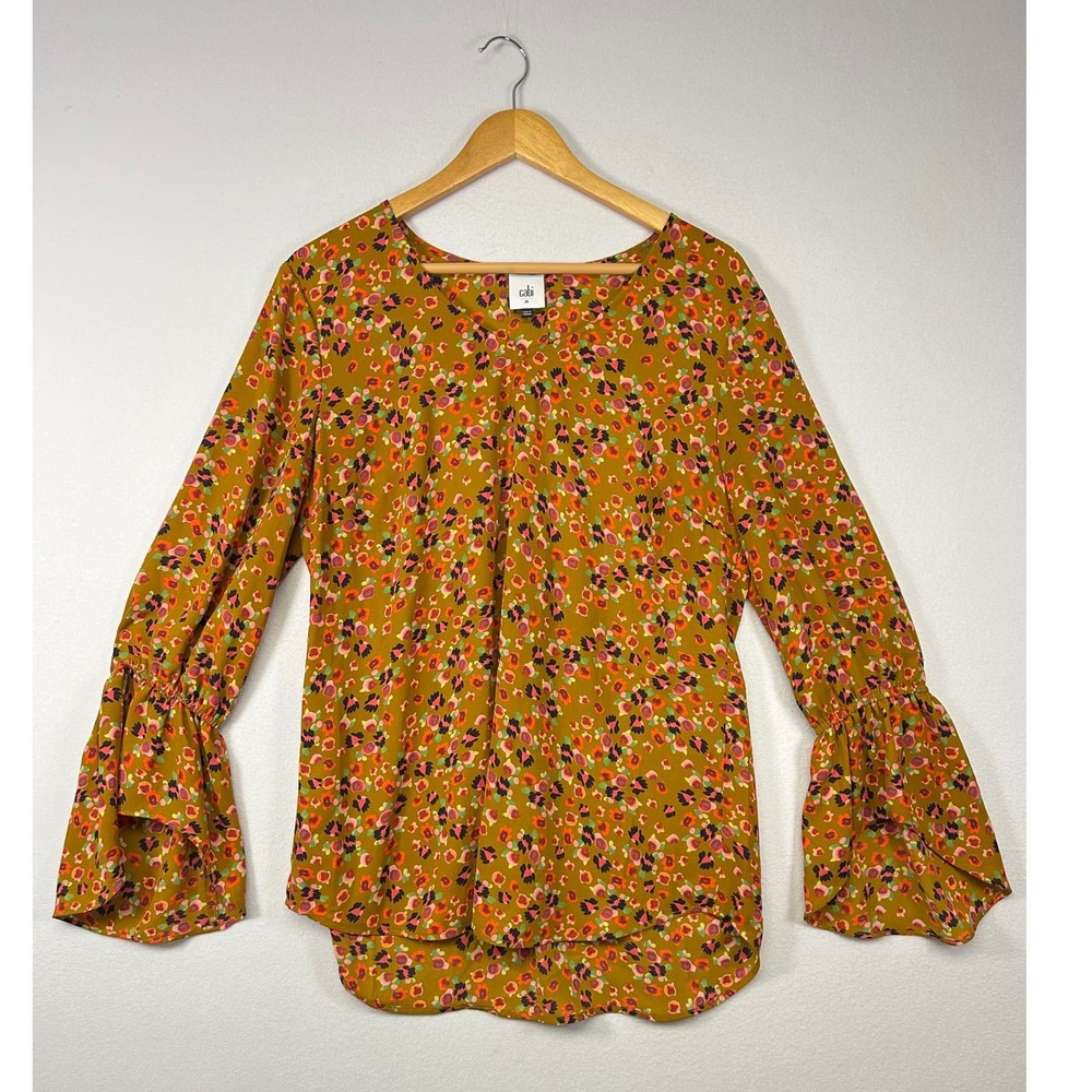 Boho Whimsical Romantic Floral Cabi Women M Yellow Ruffle Bell Sleeve Blouse